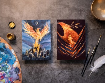 Phoenix Art Prints Set: Handmade Gold Detail, Witchy Pagan Decor