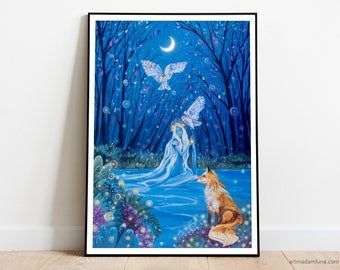 Aquarius Zodiac Art Print: Spiritual Owl, Fox, and Moon Decor