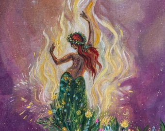 Beltane Dance Oil Painting: Pagan Fire Celebration, Feminine Energy Art