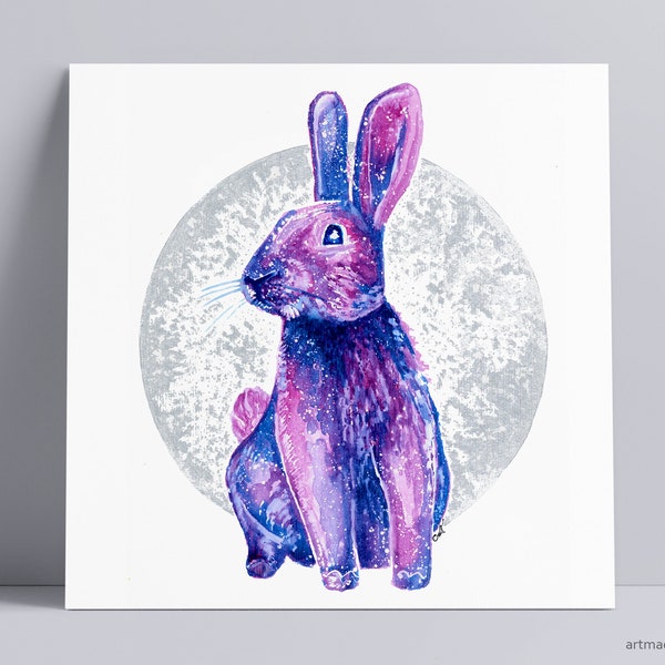 Rabbit - Totem Animal, Boho Wall Art, Fine Art Print from Original Watercolor Painting with hand painted silver moon