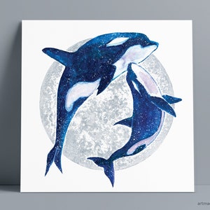 Orca - Totem Animal, Boho Wall Art, Fine Art Print from Original Watercolor Painting with hand painted silver moon