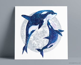 Orca - Totem Animal, Boho Wall Art, Fine Art Print de Original Watercolor Painting con luna plateada pintada a mano