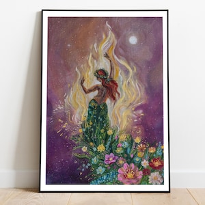 May include: A woman with red hair and a flower crown dances in a field of flowers. She is surrounded by a golden flame and the night sky is filled with stars.