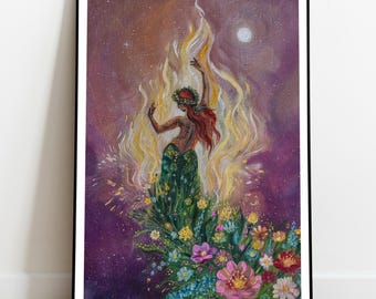 Beltane Dance Art Print: Pagan Fire Celebration, Spring Goddess
