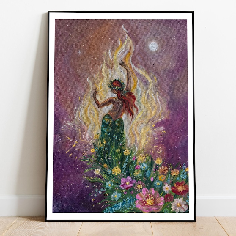 May include: A woman with red hair and a flower crown dances in a field of flowers. She is surrounded by a golden flame and the night sky is filled with stars.