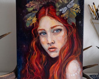 Autumn Spiritual Portrait, Dragonfly Crown, Moon Phases Wall Art Original Oil Painting
