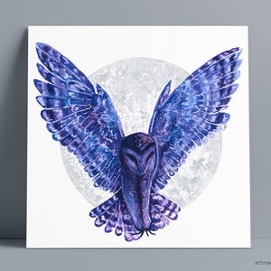 Owl - Totem Animal, Boho Wall Art, Fine Art Print from Original Watercolor Painting with hand painted silver moon