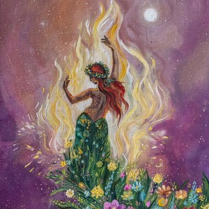 May include: A painting of a woman with red hair and a flower crown, dancing in a field of flowers. She is surrounded by flames, and the background is a purple sky with stars.