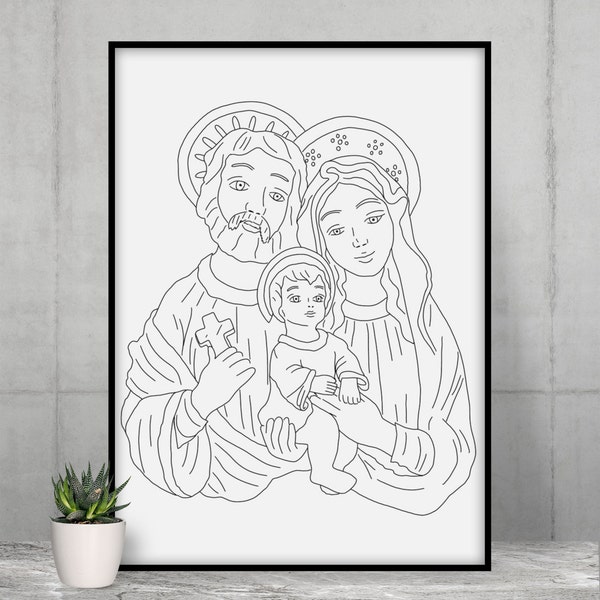 Holy Family Line Drawing | Sacred Family Print | Sagrada Familia | Catholic Wall Art | Digital Download | Printable | Hand Drawn | Outline