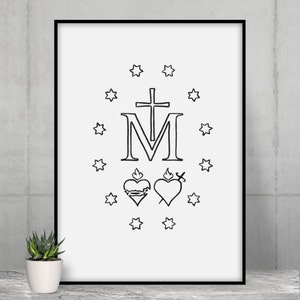 Marian Cross Line Drawing Print | Catholic Art | Hand Drawn | Digital Download | Simple Black & White | Printable | Outline