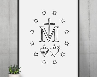 Marian Cross Line Drawing Print | Catholic Art | Hand Drawn | Digital Download | Simple Black & White | Printable | Outline