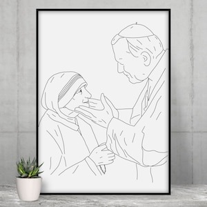 Mutter Teresa & Johannes Paul II | Strichzeichnung Print | Katholische Kunst | Handgezeichnet | Digitaler Download | Schlicht Schwarz/Weiß | Druckbar | Umriss