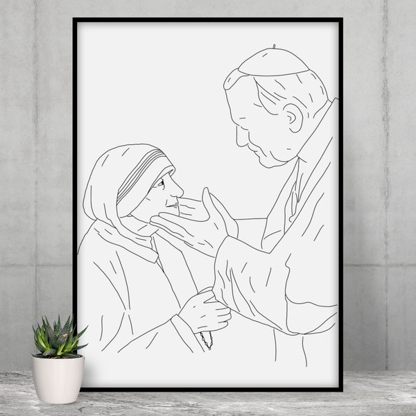 Mother Teresa & John Paul II | Line Drawing Print | Catholic Art | Hand Drawn | Digital Download | Simple Black/White | Printable | Outline