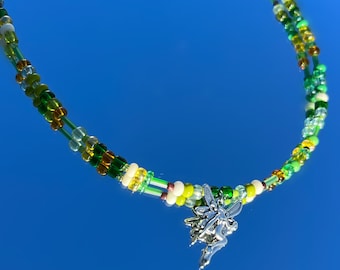Green Beaded Fairy Necklace; Handmade Fairycore Whimsicle Naturalist Earthy Cottagecore Forest Jewelry