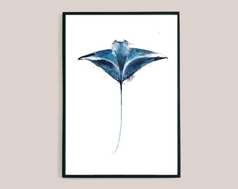 Manta Ray Blue Watercolor Art Painting Digital Print  | Printable Instant Download l  Wall Decor l Interior Design l Home Decor