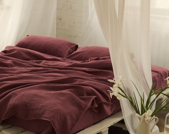 Linen bedding burgundy, minimalist bedding set, linen duvet cover and pillow cases