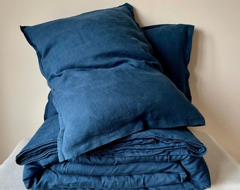 Linen bedding blue, boho duvet and pillow covers, minimalist bedding set