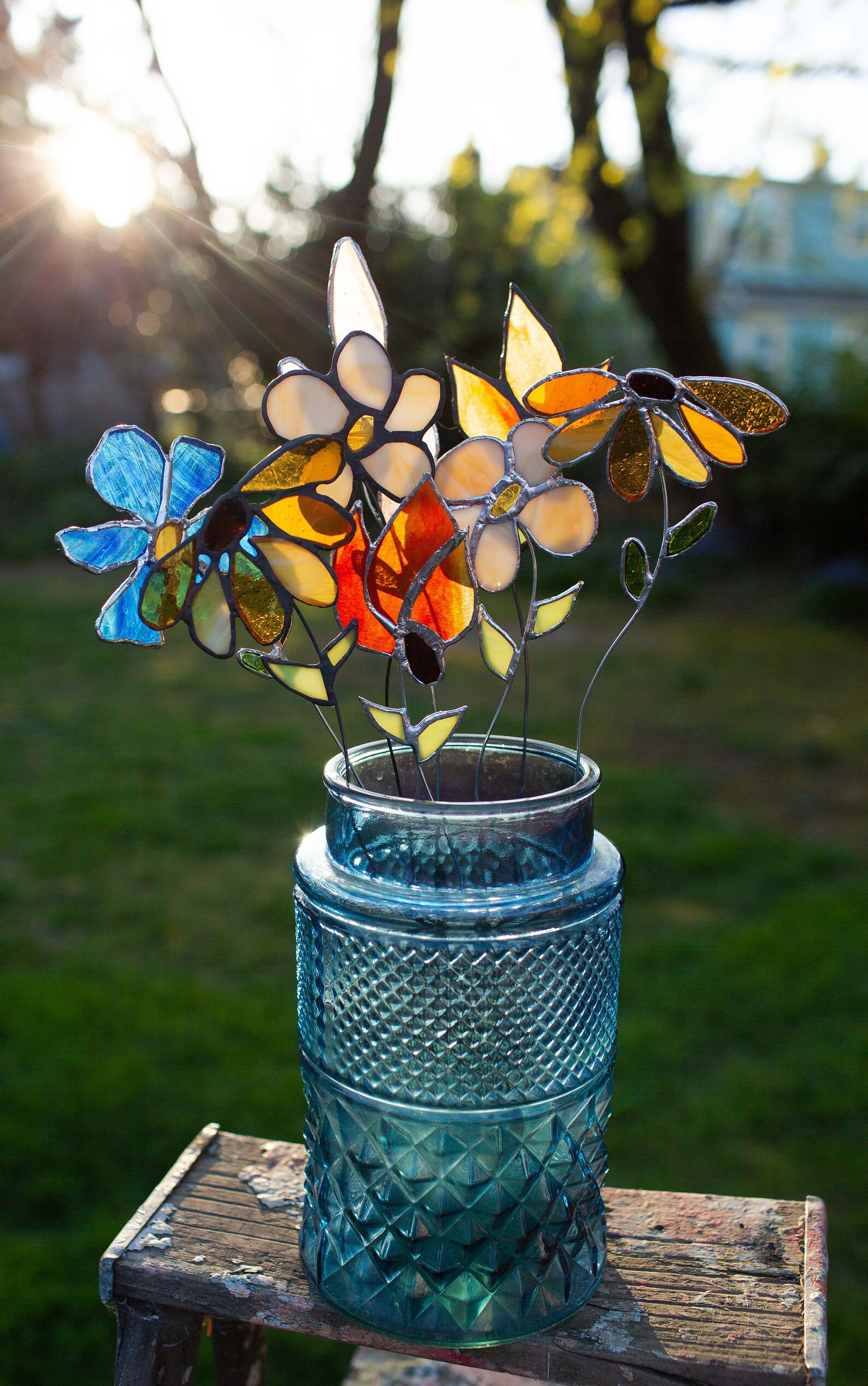Wild Flower Stained Glass Flower Pot Decor Outdoor Pot Etsy