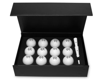 Personalized Golf Ball Gift Box Set - Name & Initial Golf Balls (12 Balls, 2 NexTees, Black Gift Box)