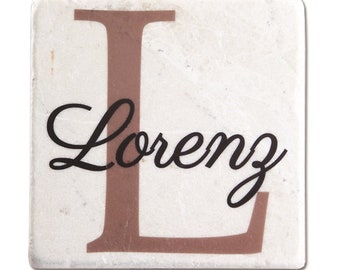 Modern Lorenz Family Name and Initial Design - Personalized Tumbled Marble Coasters - Set of 4