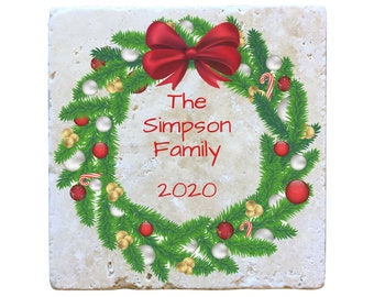 Christmas Wreath with Personalized Name Travertine Coasters