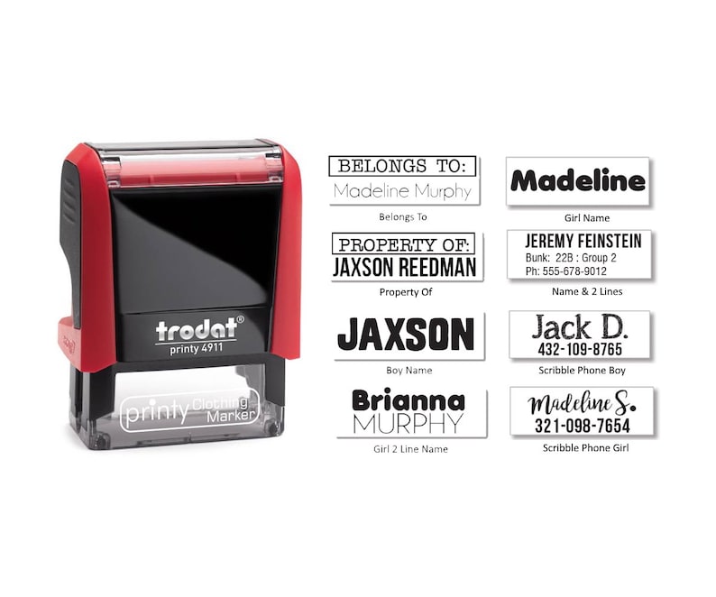 May include: A set of eight black and white self-inking stamps with various text, including "Belongs To: Madeline Murphy", "Property Of: Jaxson Reedman", "Jaxson", "Brianna Murphy", "Madeline", "Jeremy Feinstein", "Jack D.", and "Madeline S.".