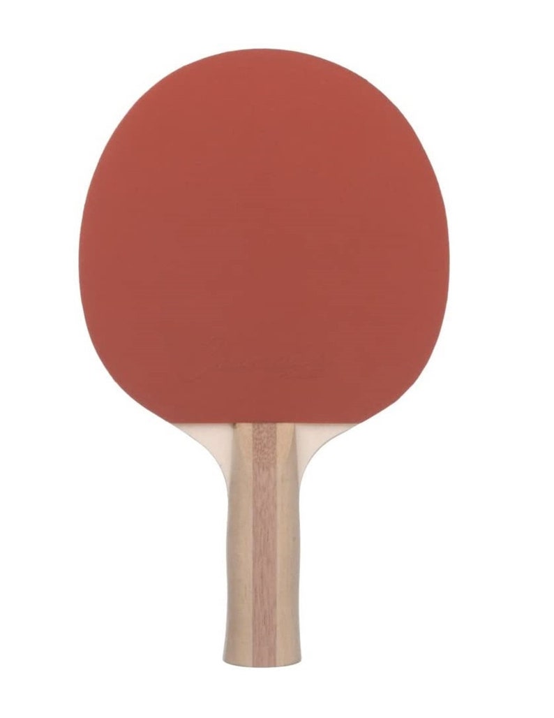 May include: A red and brown table tennis paddle with a wooden handle.