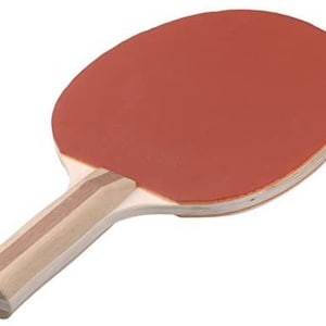 May include: A red and brown table tennis paddle with a wooden handle.