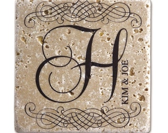 Vintage Initial and Couple's Name Personalized Tumbled Travertine Coasters - Set of 4