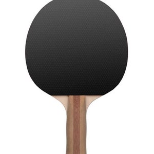 May include: A black and brown table tennis paddle with a wooden handle.
