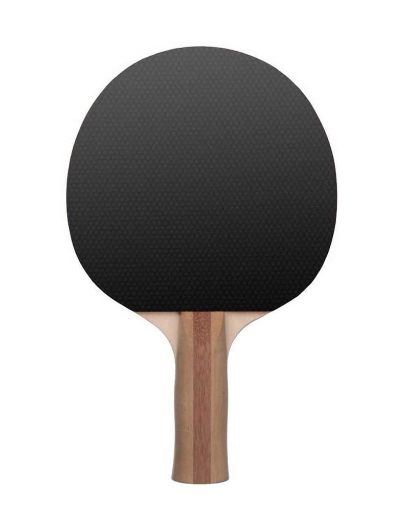 May include: A black and brown table tennis paddle with a wooden handle.