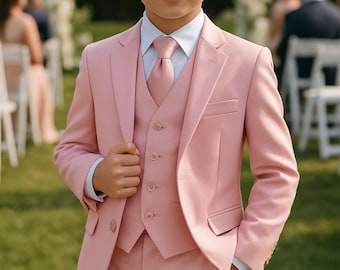 Terno rosa infantil: traje formal para casamento, traje para pajem, ajuste personalizado