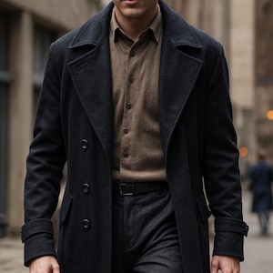 Classic Men&#39;s Black Overcoat | Tweed Coat for Men, Woollen long coat, winter wear jacket, customized overcoat, Gift for Father.
