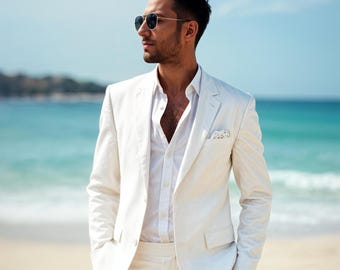 Elegant Men’s White Linen Suit – 2 Piece Summer Wedding Suit – Lightweight Breathable Blazer – Casual Groom Suit – Beach Formal Outfit.