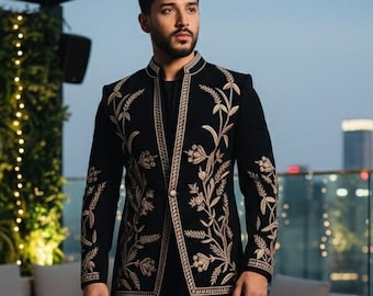 Embroidered Bandhgala Suit: Black & Gold Floral Indian Groom Outfit