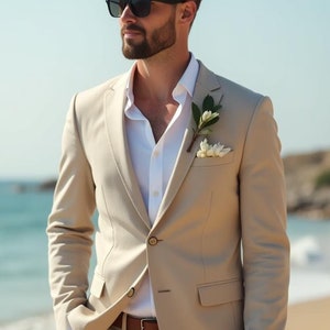 Classic Men&#39;s Beige Two-Piece Suit | Slim Fit Formal Suit, Perfect for Beach Wedding, Groom and Groomsmen Suit, Custom Man Suit Gift for him