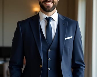 Men's Navy Blue Three-Piece Suit: Tailored Fit Wedding Suit