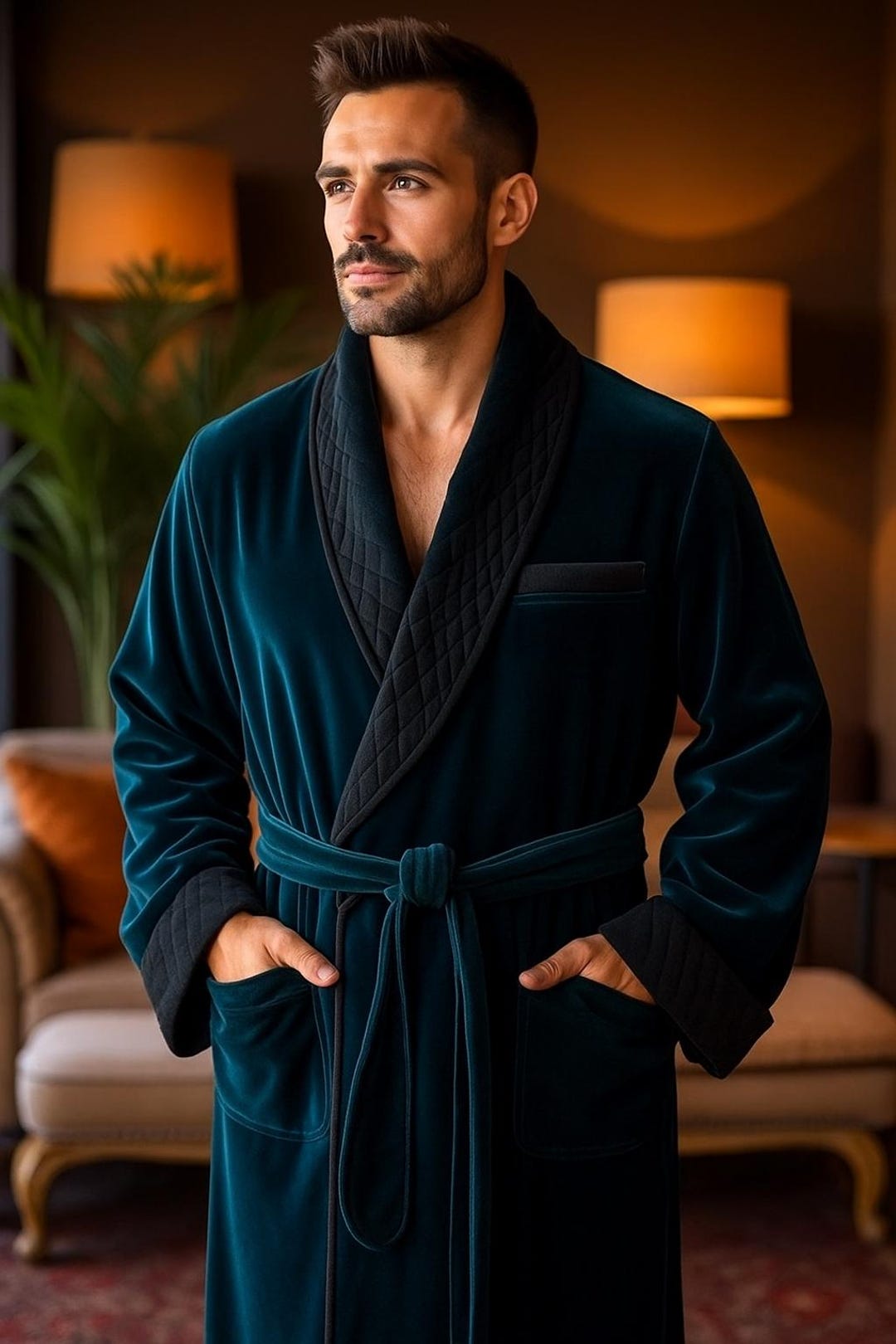 Luxury Men's Teal Blue Velvet Quilted Robe – Elegant & Soft Lounge Wear ...
