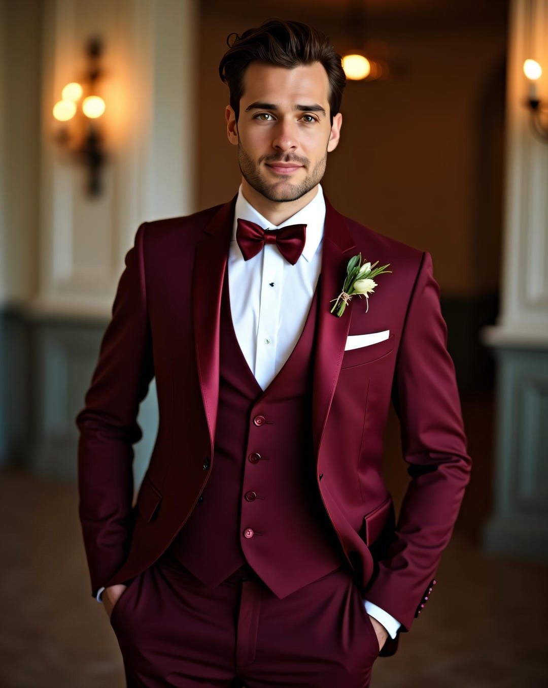 Men One Button Floral White and Burgundy Tuxedo – 3 Piece