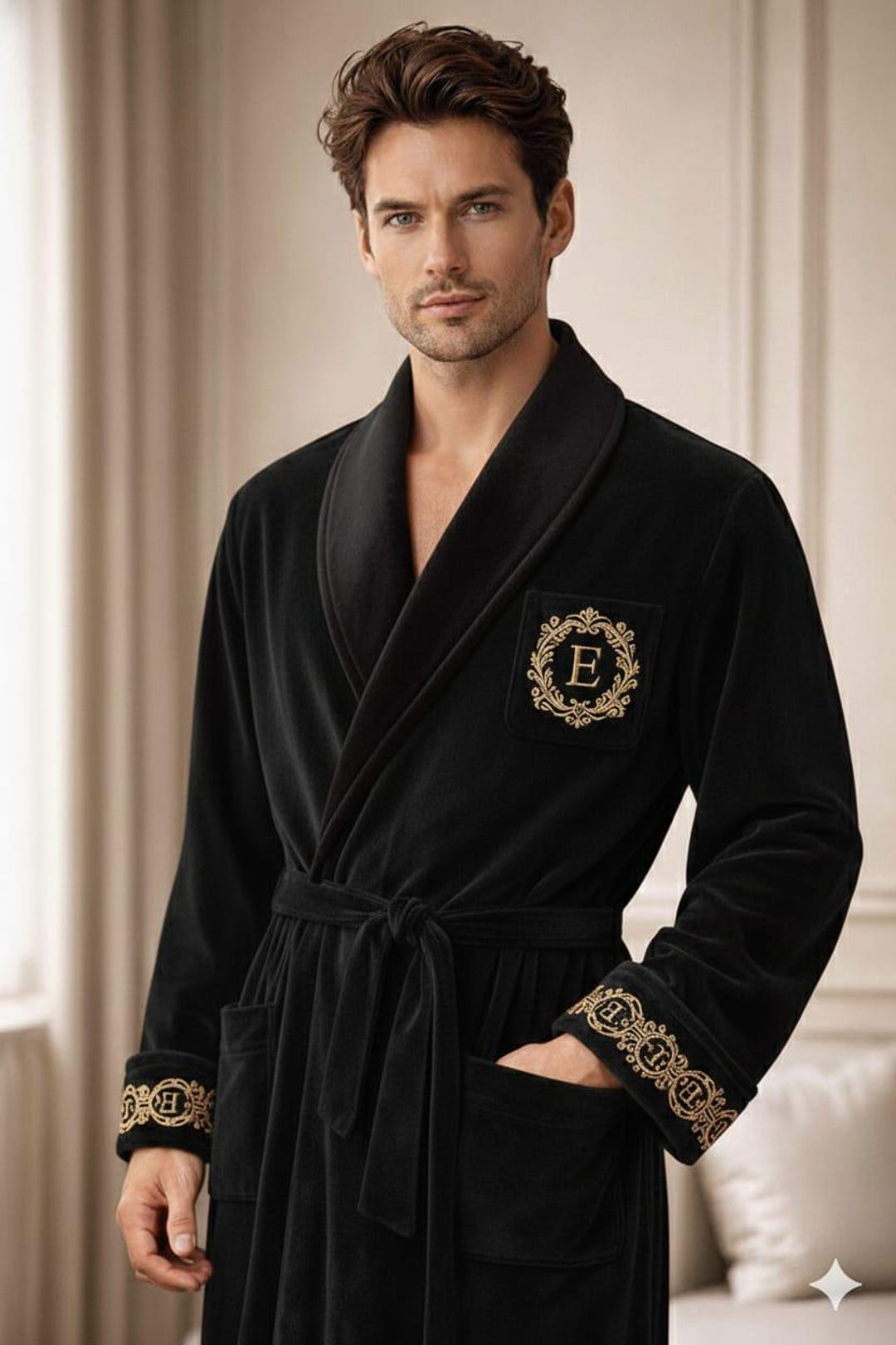 Men’s Black Velvet Robe | Personalized Monogram Dressing Gown | Luxury ...