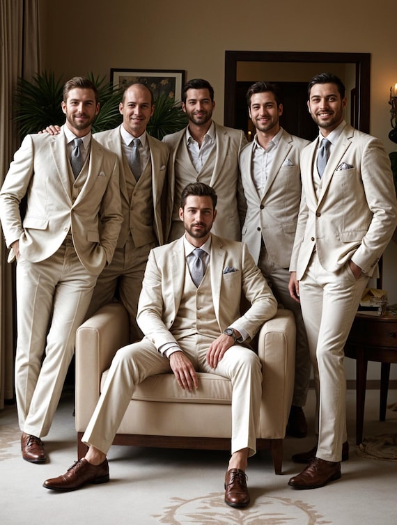 Linen Wedding Attire Tan Suit Beach Wedding Piece Men's Retro