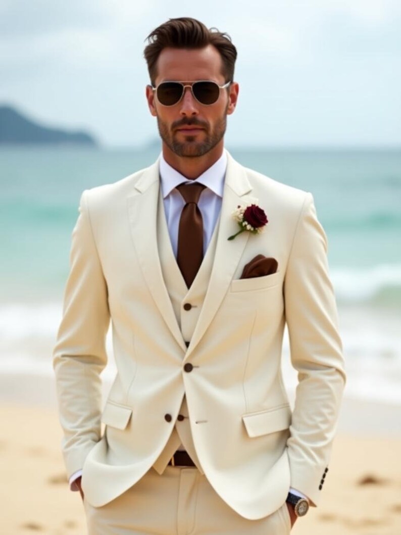 Men's Ivory Three Button Beach Wedding Attire Suit main image 0