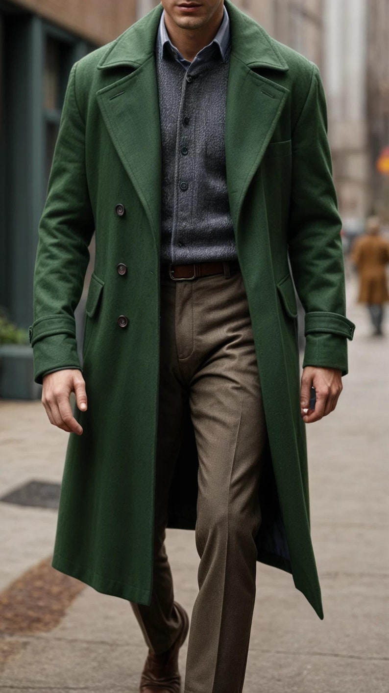 Mens Green Wool Blend Cardigan Coat With Stand Collar For Winter Outerwear Warm And Cozy Everyday main image 1