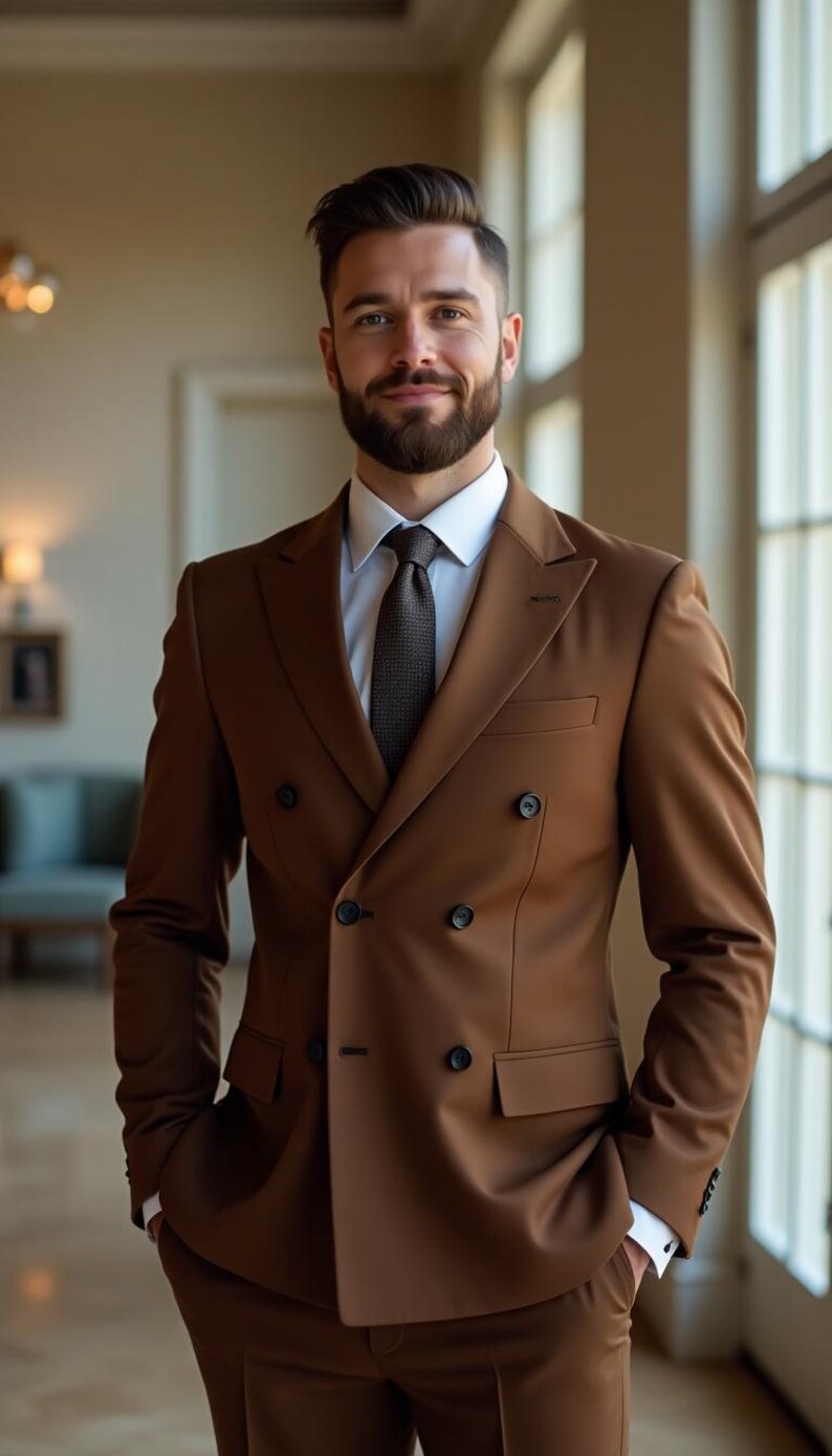 Tailored Fit Brown Double-breasted Suit for Men – Elegant Formal and ...