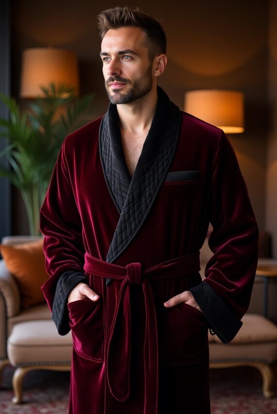 Luxury Men's Burgundy Velvet Quilted Robe: Elegant Lounge Wear
