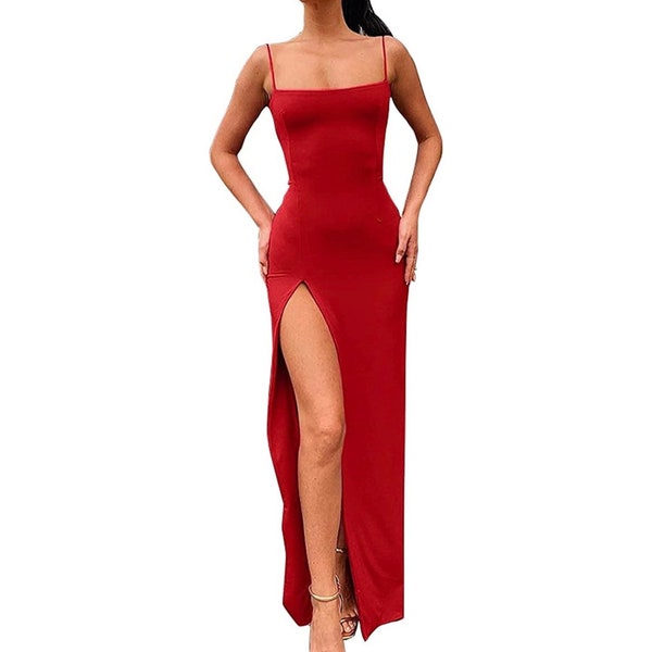 Spaghetti Strap Backless Thigh-high Slit Bodycon Maxi Long Gown