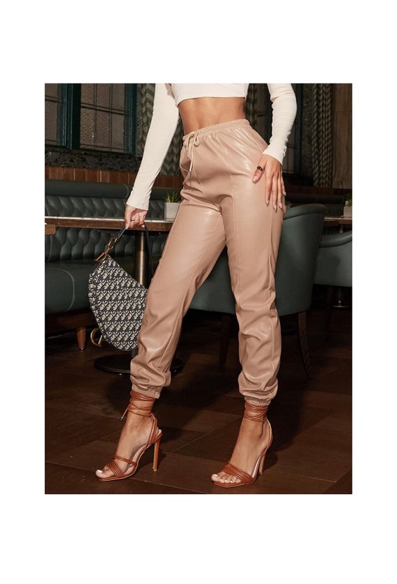 Drawstring High Waisted Cropped Tapered Pu Leather Pants - Etsy