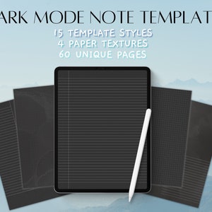 Dark Mode Digital Note Pages Templates | iPad Goodnotes Notability student note taking, dark black digital note pages with textures portrait