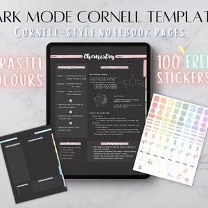 Dark mode digital note papers template with hyper-linked tabs, Cornell method, Student Note Taking, Stickers, iPad notes, Goodnotes template