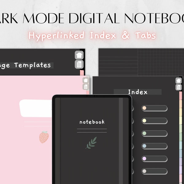 Dark mode digital notebook with hyperlinked tabs and index, portrait note paper templates and dividers, pastel, goodnotes template, stickers